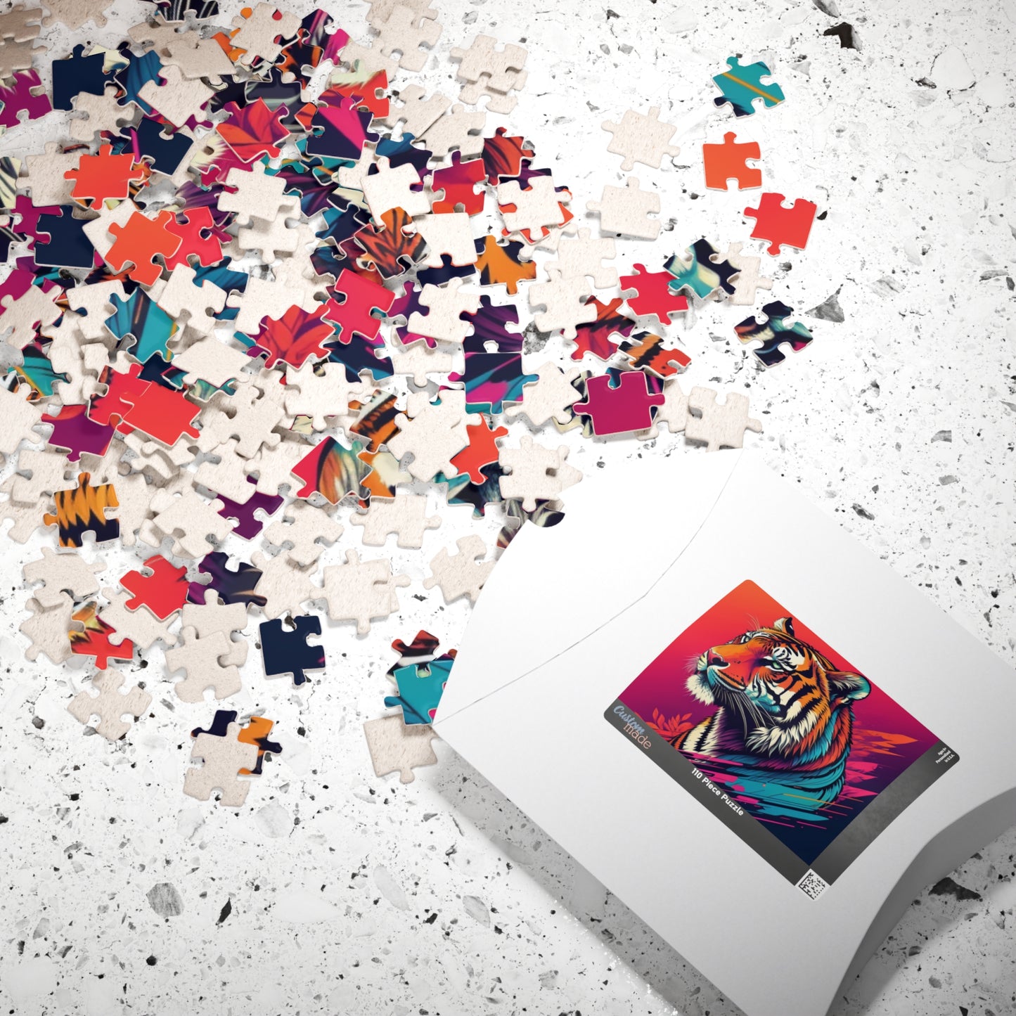 Calm in the Tiger's Stripes - Tropical Tiger Jigsaw Puzzle with Coral Gradient and Teal Leaf Art