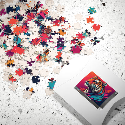 Calm in the Tiger's Stripes - Tropical Tiger Jigsaw Puzzle with Coral Gradient and Teal Leaf Art