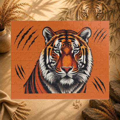 Jigsaw puzzle with a tiger design on an orange background