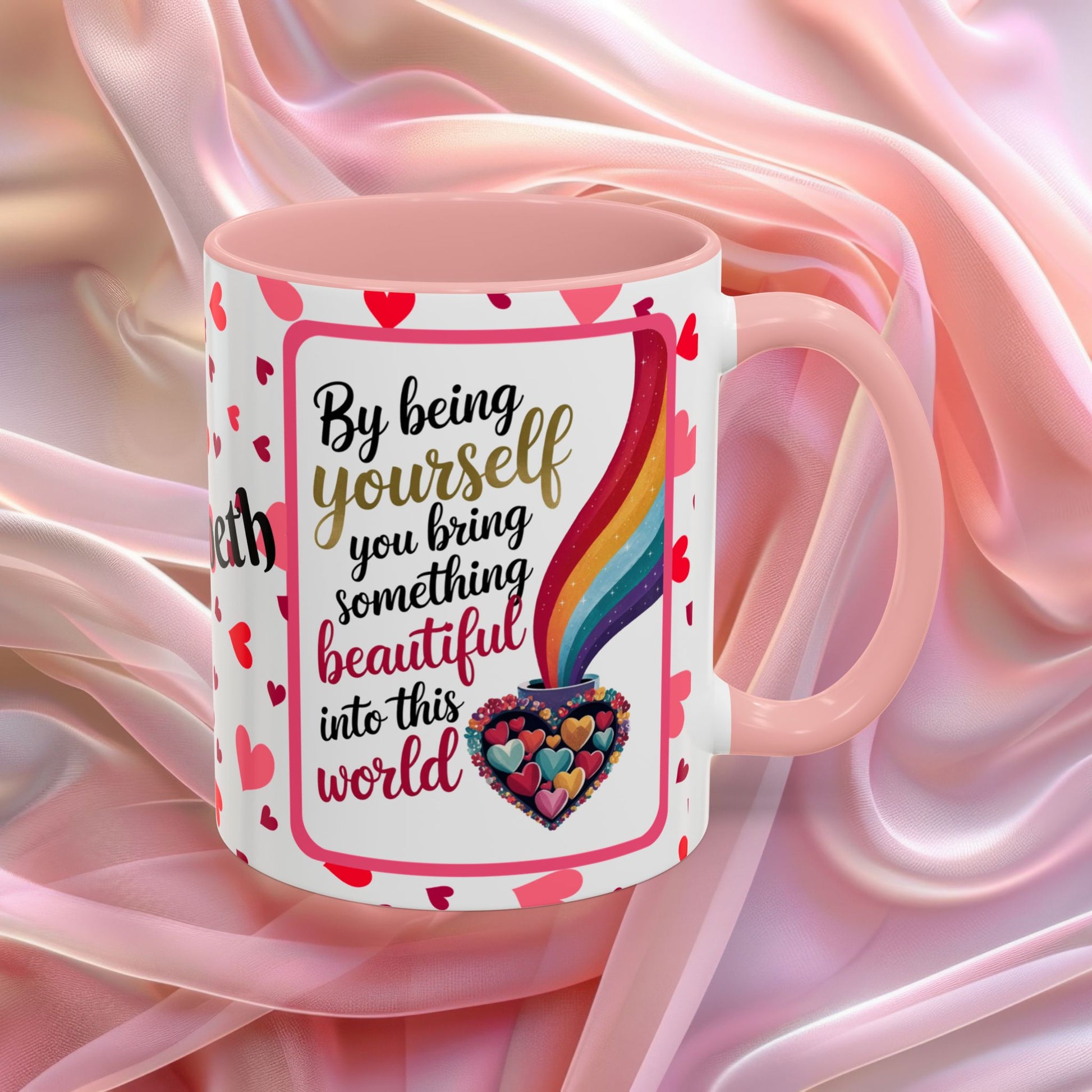 By Being Yourself Valentines mug featuring encouraging words, self love Valentine coffee cup design