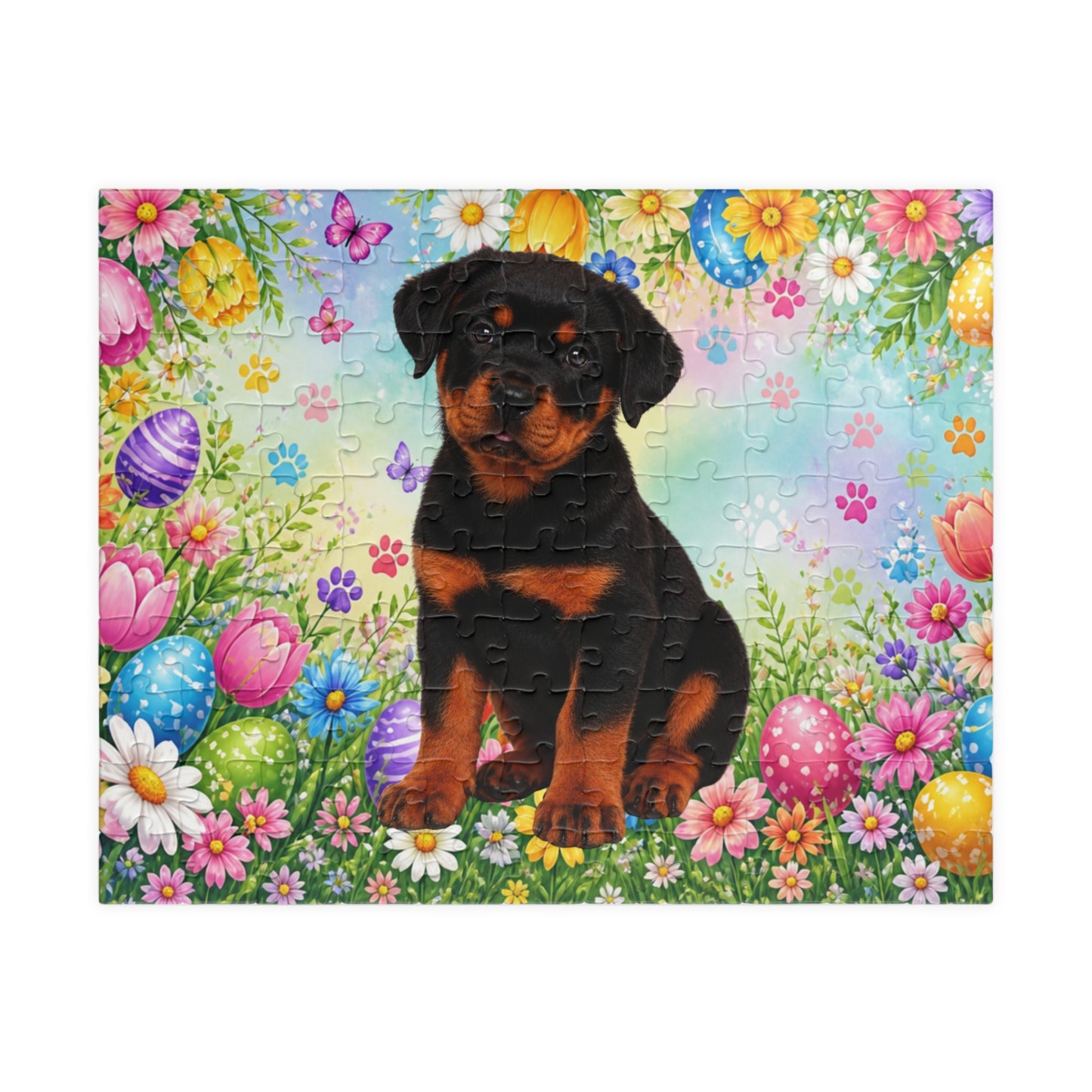Rottweiler (Black & Rust) Easter Puppy Puzzle - Spring Garden with Eggs, Tulips, and Daisies