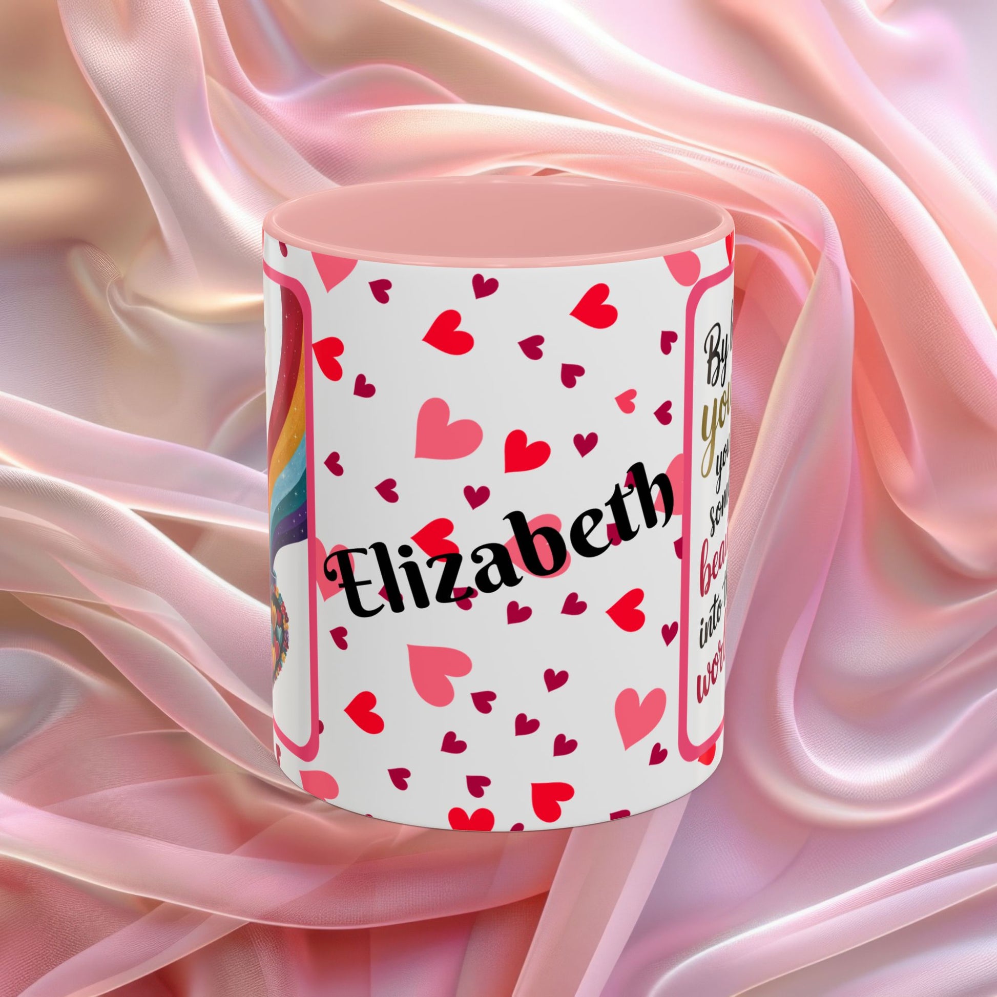 By Being Yourself Valentines mug featuring encouraging words, self love Valentine coffee cup design