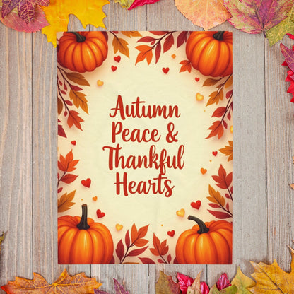 Thanksgiving blanket with “Autumn Peace & Thankful Hearts,” warm fall colors, peaceful cozy design.