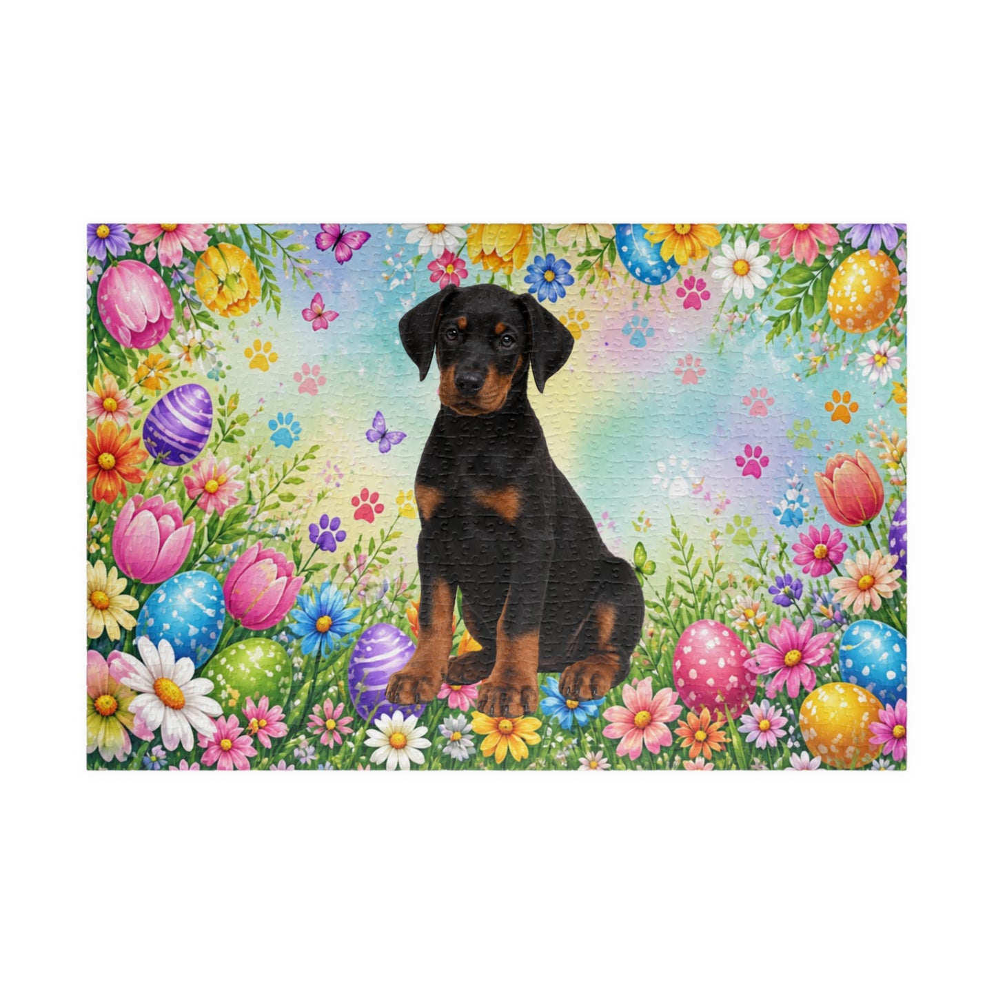 Doberman (Black & Rust) Easter Puppy Puzzle - Spring Garden with Eggs, Tulips, and Daisies
