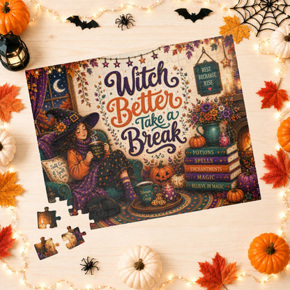 Witch Better Take a Break Halloween Puzzle - Witch in Armchair with Self Care is a Spell Pillow and Magic Books