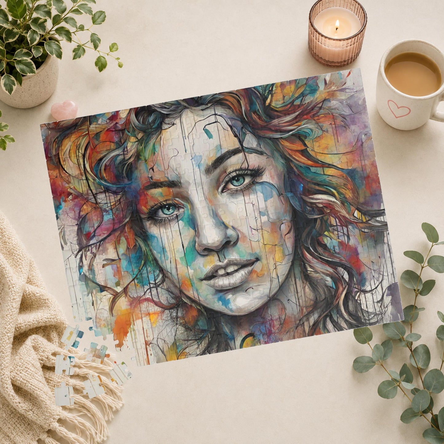 Pathway to Resilience - Sketch and Watercolor Woman's Portrait Puzzle with Ink Drips and Curly Hair