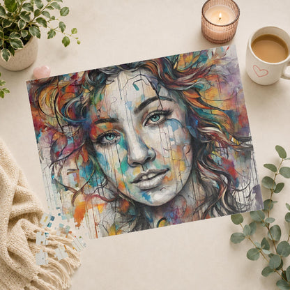 Pathway to Resilience - Sketch and Watercolor Woman's Portrait Puzzle with Ink Drips and Curly Hair