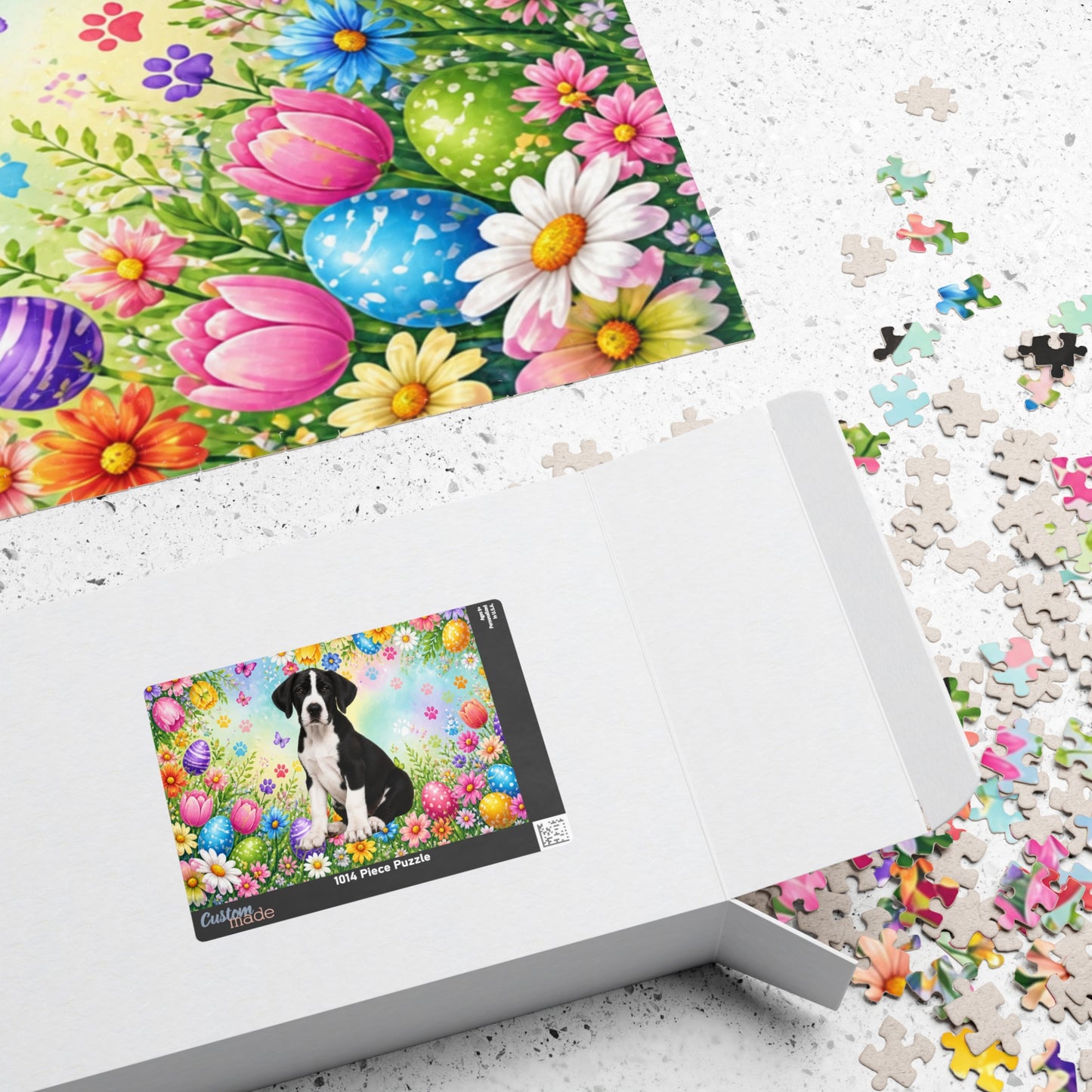 Great Dane (Mantle) Easter Puppy Puzzle - Spring Garden with Eggs, Tulips, and Daisies