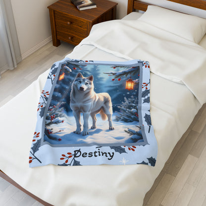 Husky Silver personalized winter throw with silver Husky artwork and glowing snowy lodge décor