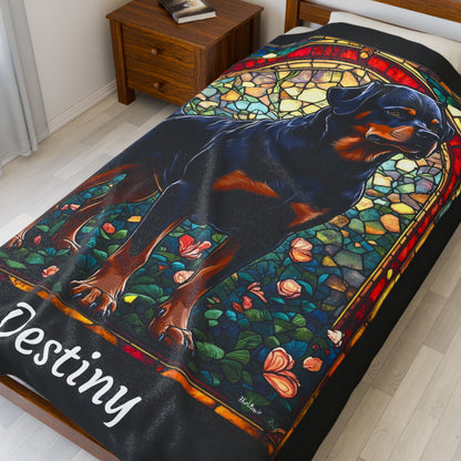 Rottweiler Black & Mahogany Coat Blanket, Velveteen Plush Stained Glass Dog Throw, Personalized Gift