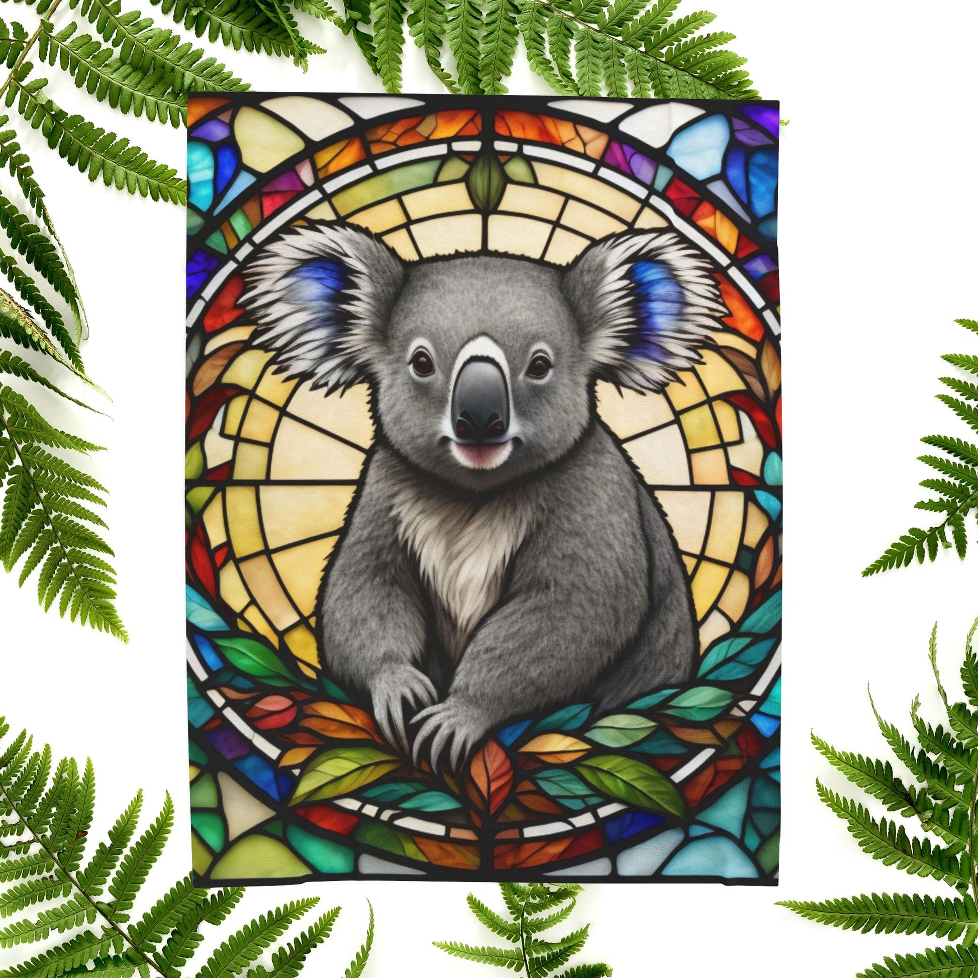 A cute koala blanket with stained glass-style art, perfect for cozy comfort and self-care.