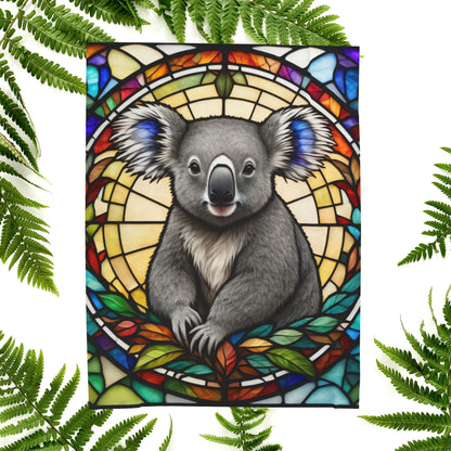 A cute koala blanket with stained glass-style art, perfect for cozy comfort and self-care.