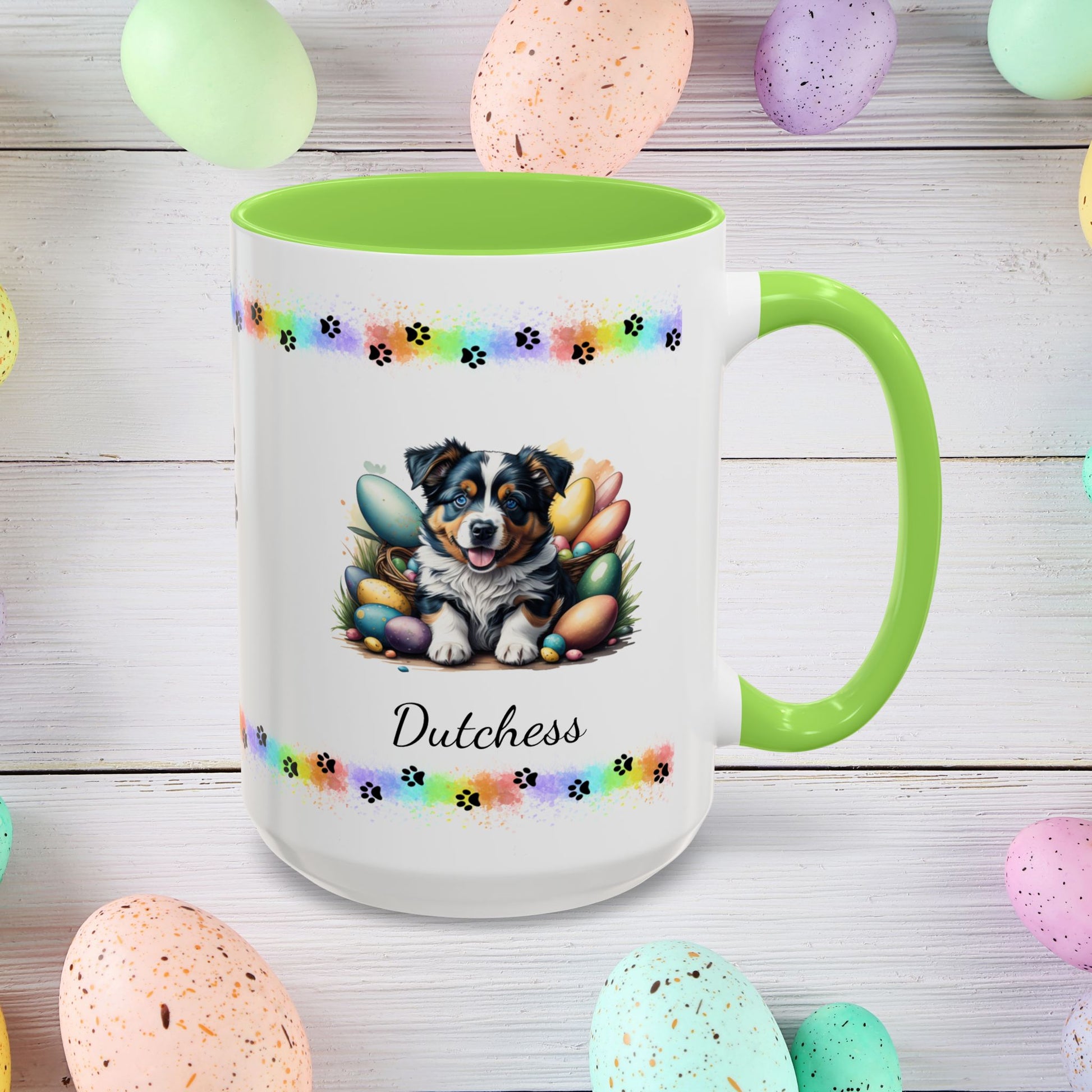 Australian Shepherd: Personalized Easter Puppy Coffee Mug - Adorable Dog Design, Mental Health Gift, 11oz & 15oz, 12 Color Choices, Easter Gifts & Décor