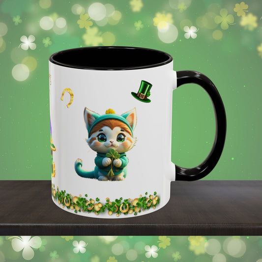 Serene Shamrock Kitty: St. Patrick's Day Two-Tone Coffee Mug - Festive Ceramic Mug for Positivity & Mindfulness