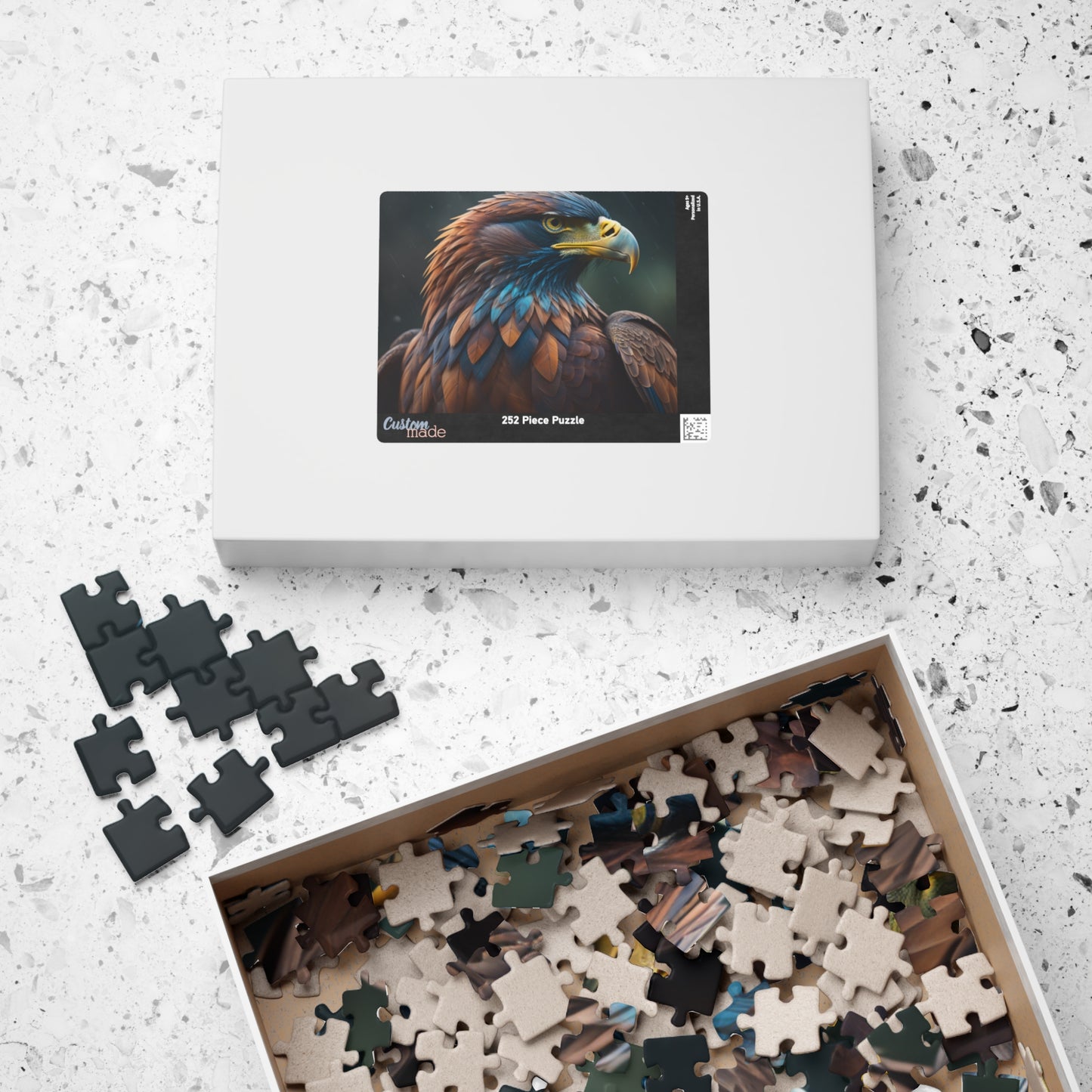 Feathers of Resilience - Close-Up Eagle Portrait Puzzle with Warm Brown and Teal Feathers on Green Bokeh