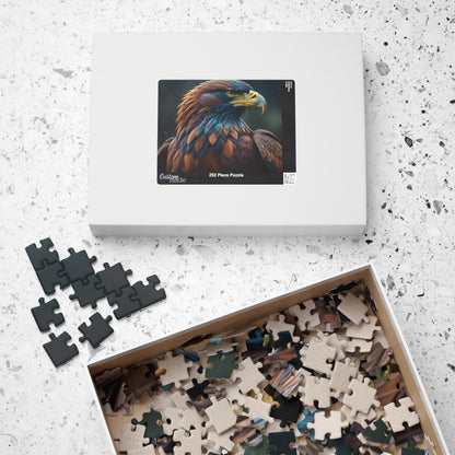 Feathers of Resilience - Close-Up Eagle Portrait Puzzle with Warm Brown and Teal Feathers on Green Bokeh