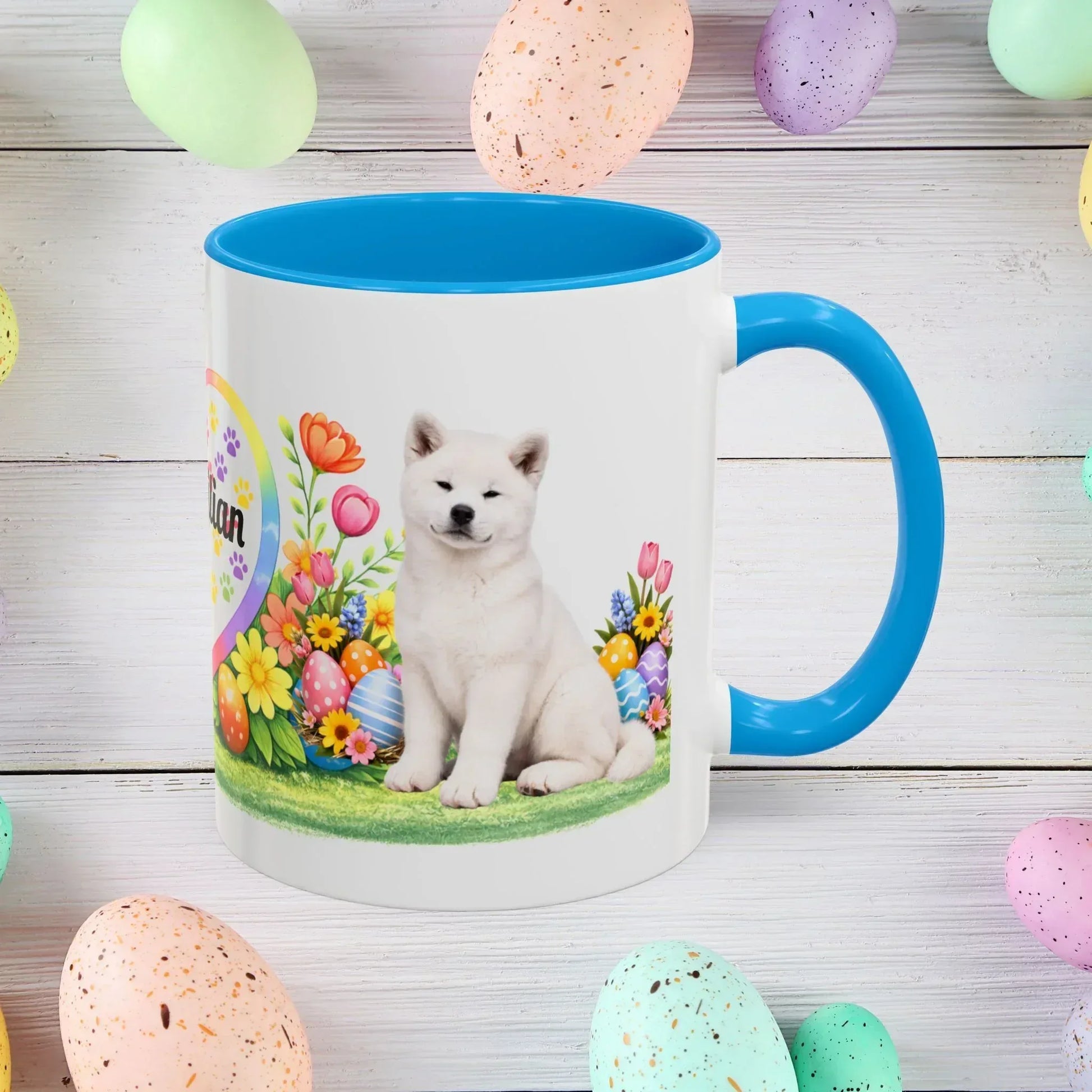 Shop our akita white puppy easter mug featuring the 11oz style option from MySisterIsASurvivor.