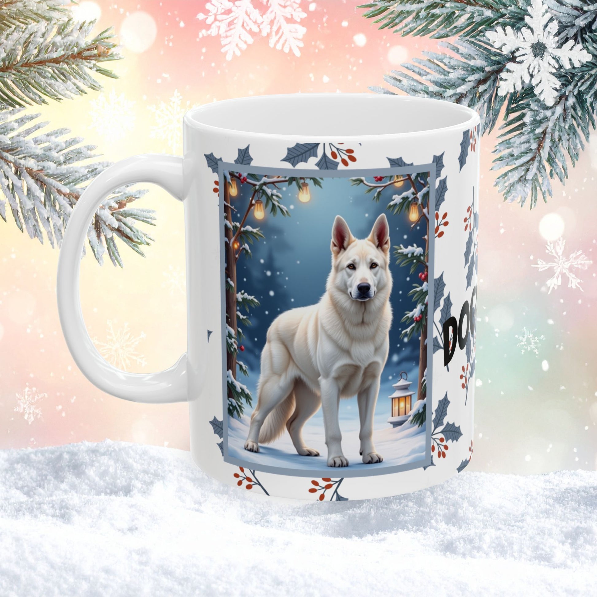 German Shepherd (White) Winter Mug - white German Shepherd artwork standing in a bright winter scene with snow-covered trees