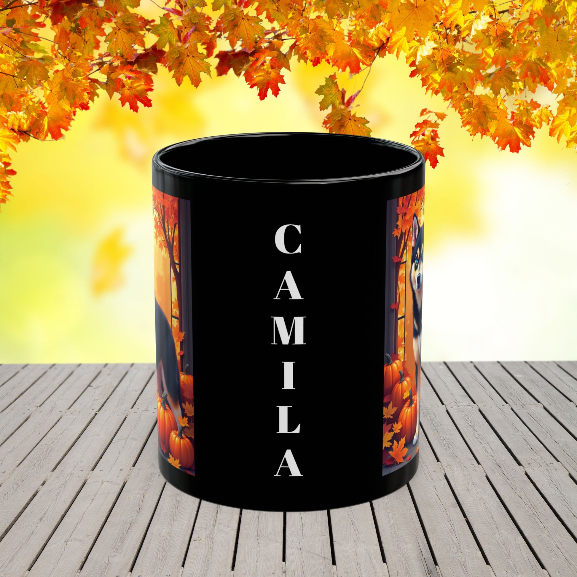 Black & Tan Husky (Blue Eyes) fall coffee mug, custom Husky lover gift for home, office, or seasonal drinks