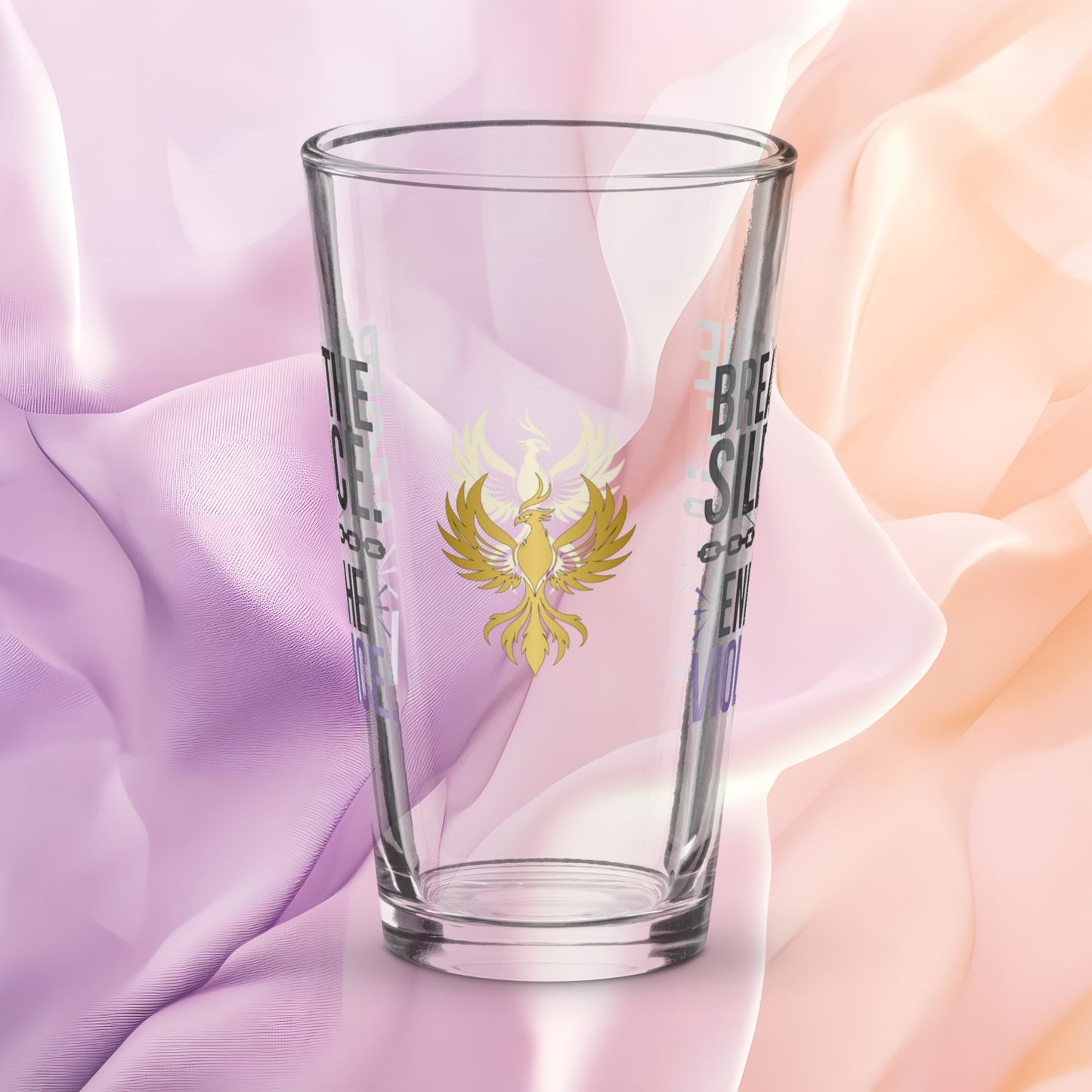 Break the Silence End the Violence pint glass, bold survivor empowerment drinkware, abuse awareness design