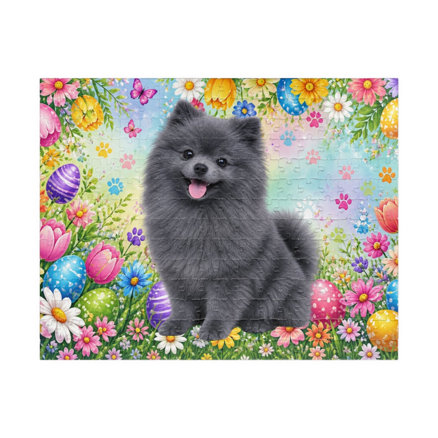Pomeranian (Blue) Easter Puppy Puzzle - Spring Garden with Eggs, Tulips, and Daisies
