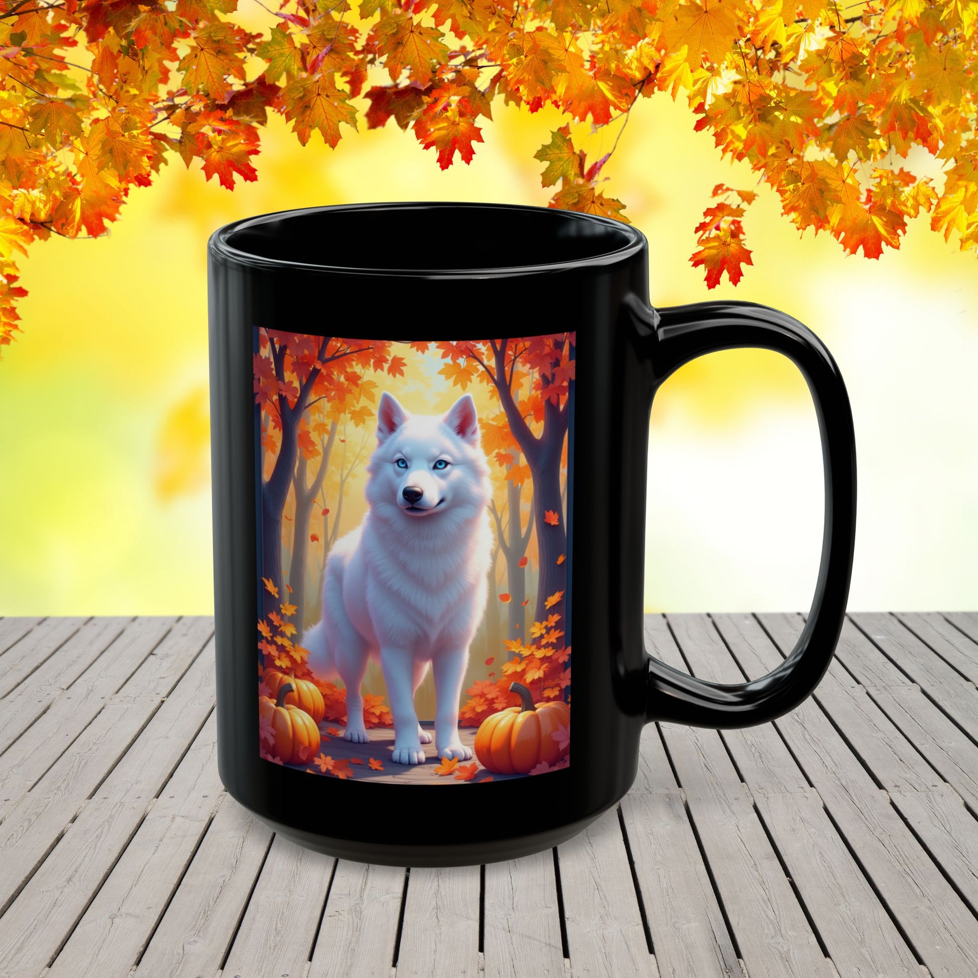 White Siberian Husky autumn coffee mug, personalized fall dog lover gift for coffee or tea enthusiasts