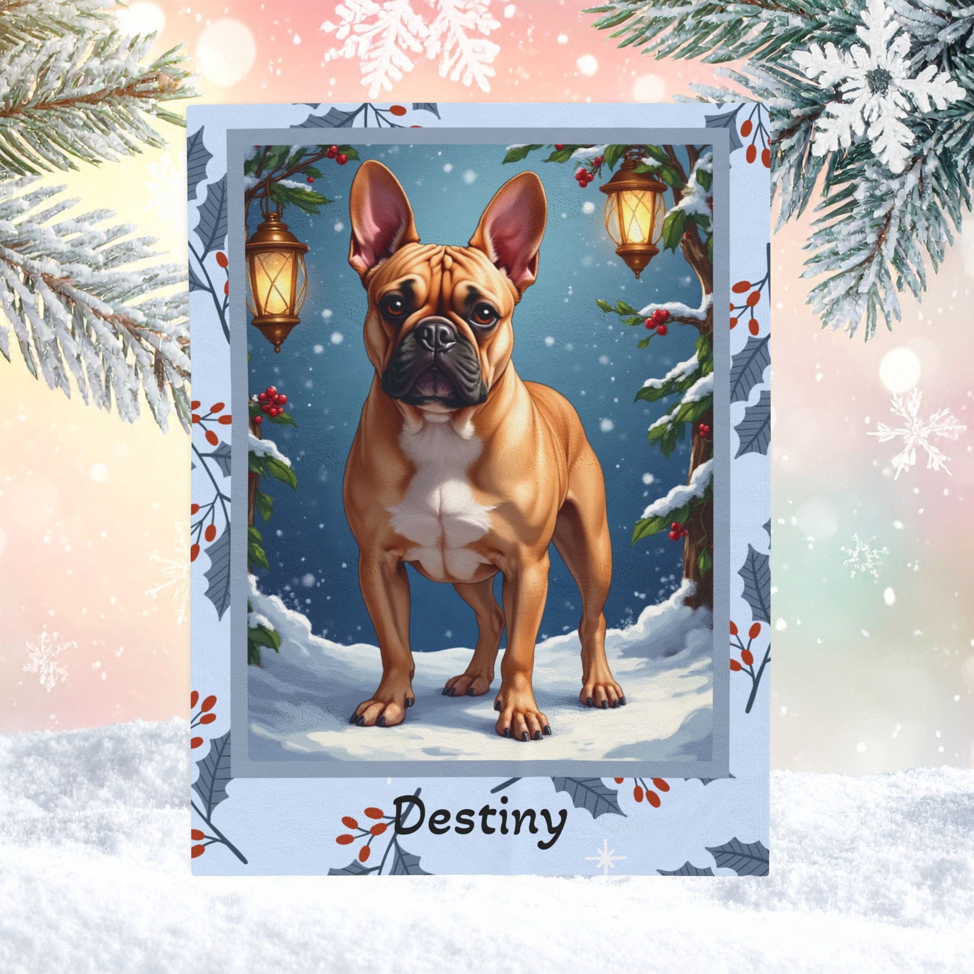 French Bulldog Fawn custom winter blanket showing a French Bulldog in a cheerful illustrated winter lodge setting
