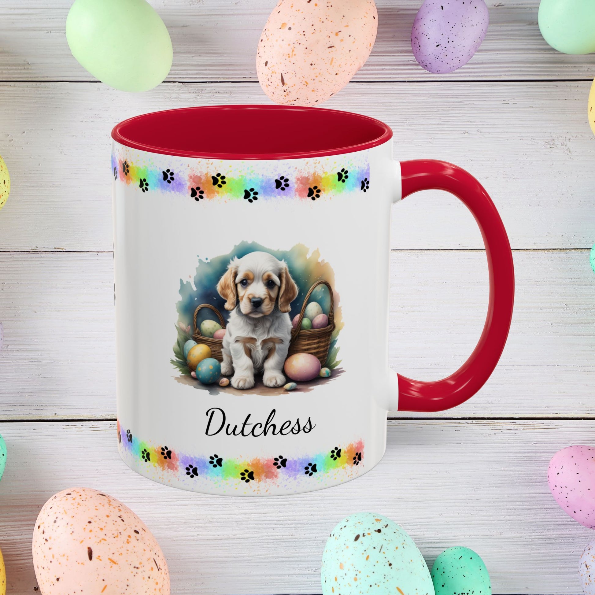 Cocker Spaniel (Orange & White): Personalized Easter Puppy Coffee Mug - Adorable Dog Design, Mental Health Gift, 11oz & 15oz, 12 Color Choices, Easter Gifts & Décor