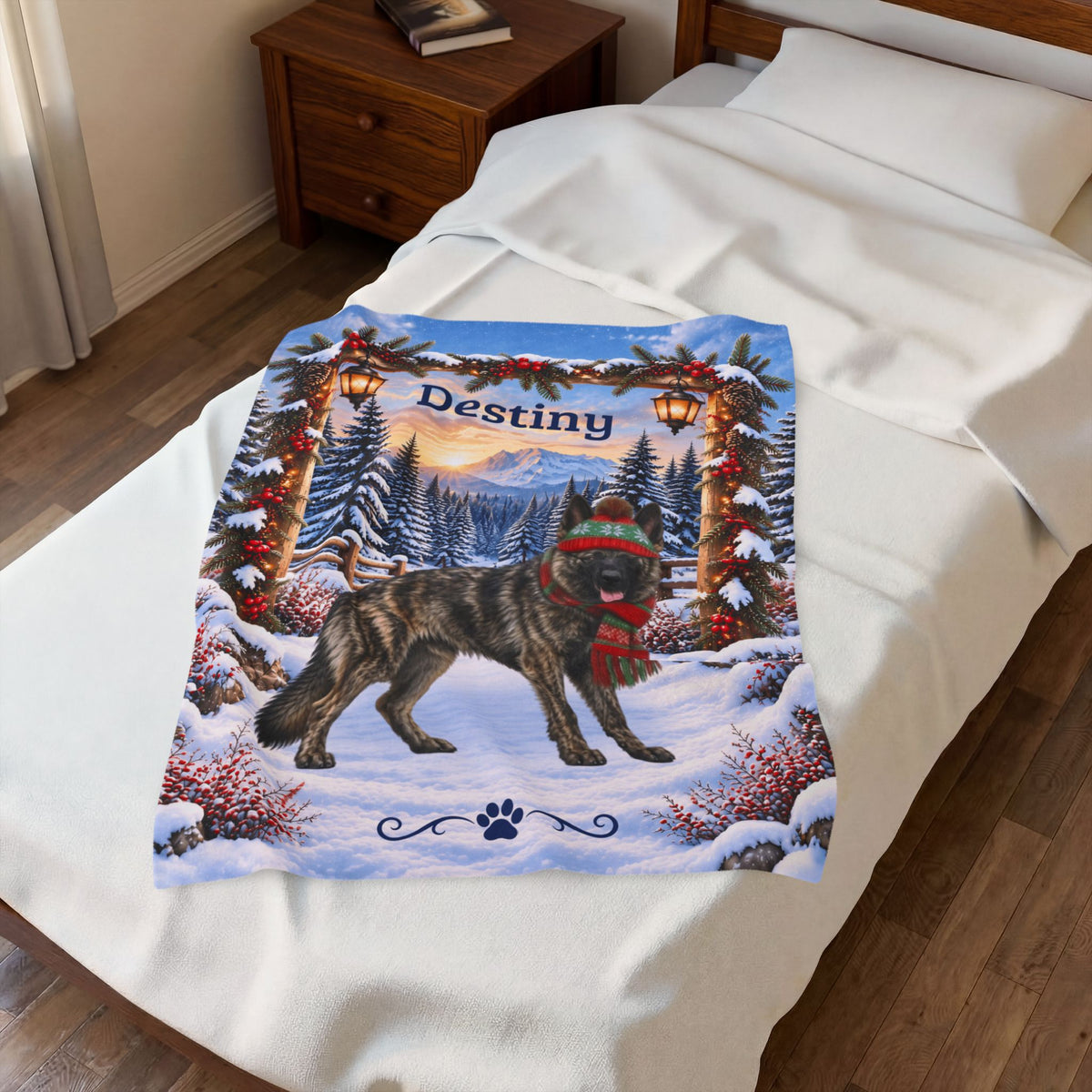 German Shepherd (Brindle Coat) - Personalized Snowy Mountain Blanket, Custom Name Velveteen Throw - MySisterIsAsurvor