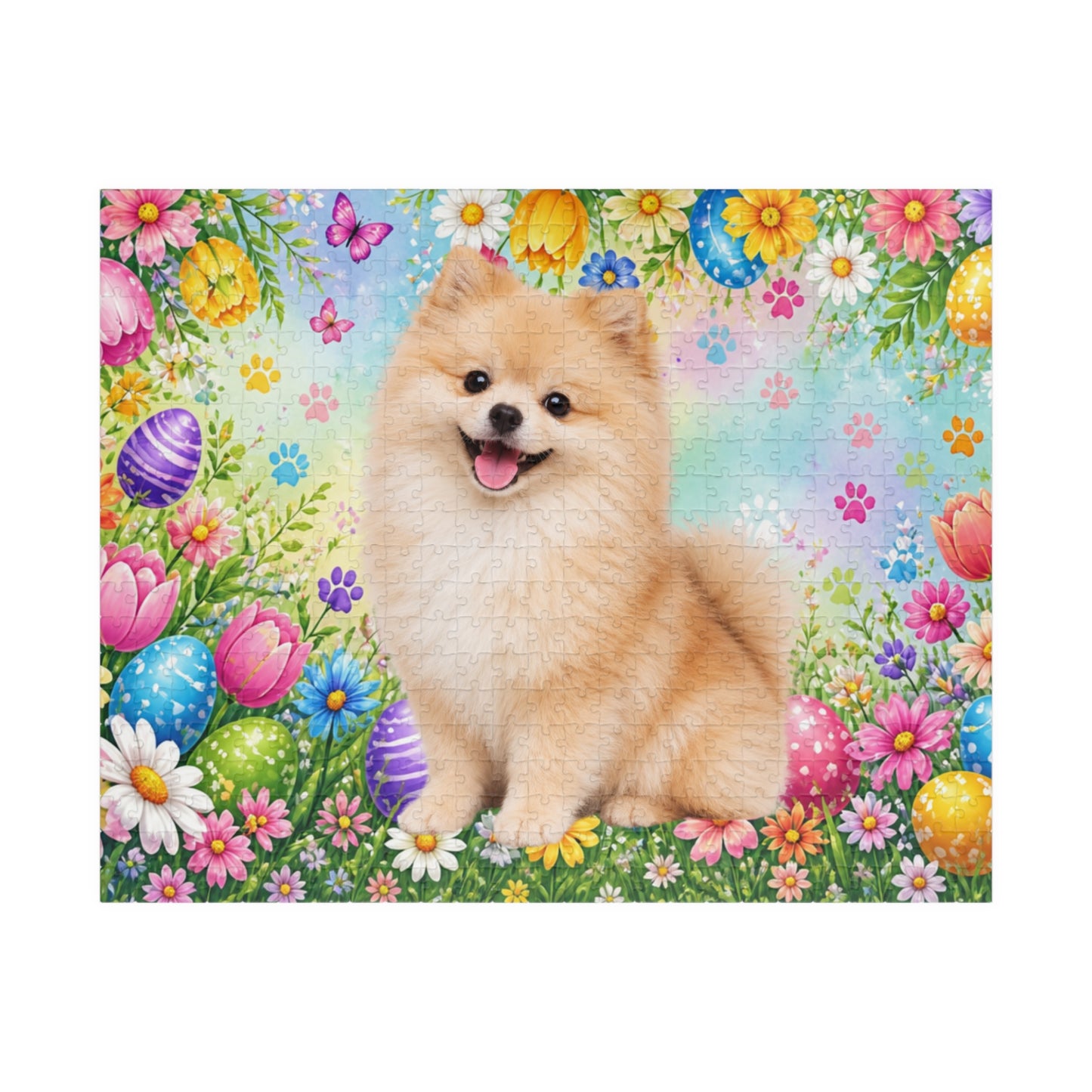 Pomeranian (Cream Sable) Easter Puppy Puzzle - Spring Garden with Eggs, Tulips, and Daisies