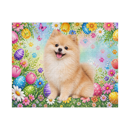 Pomeranian (Cream Sable) Easter Puppy Puzzle - Spring Garden with Eggs, Tulips, and Daisies