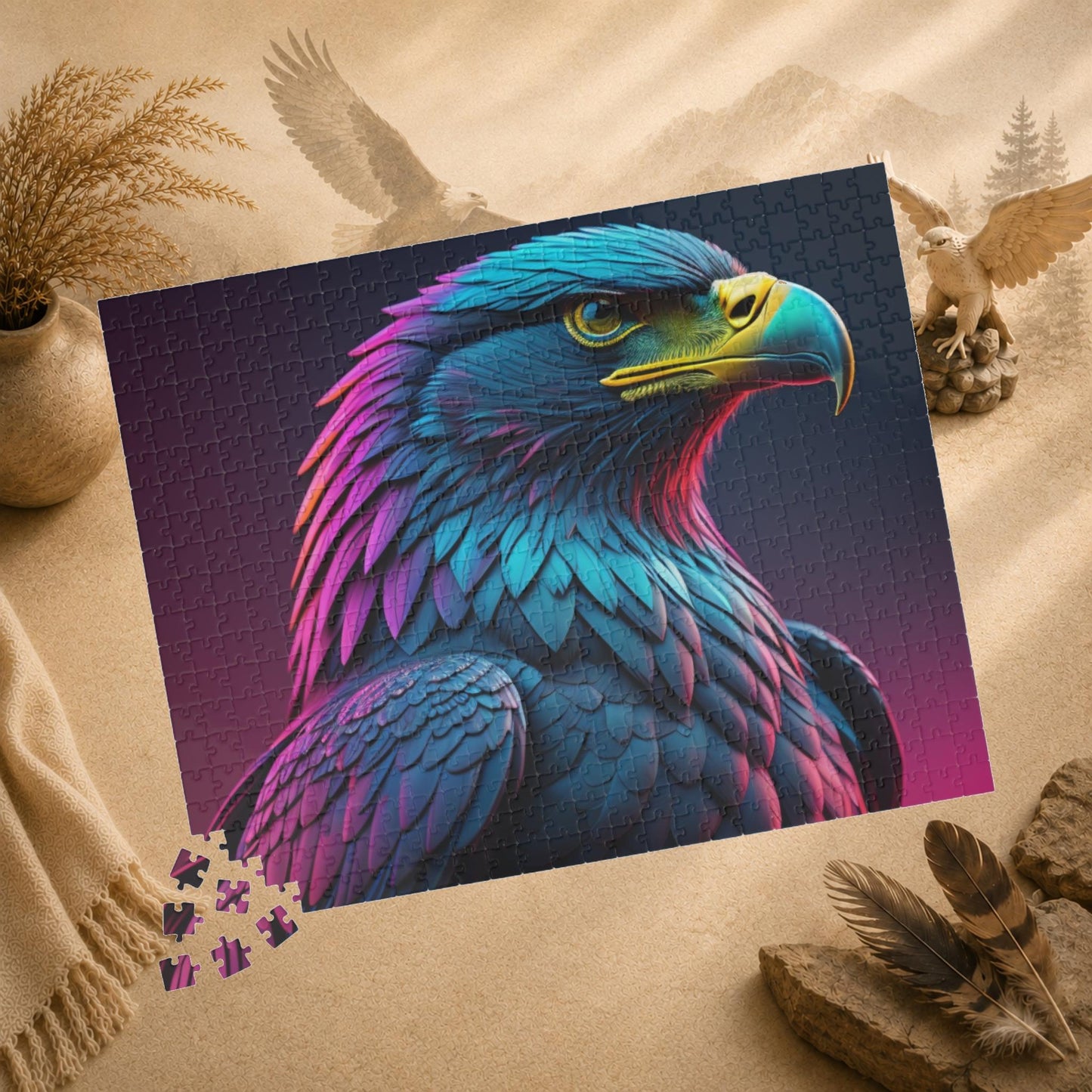 Eagle's Fortitude - Neon Eagle Portrait Puzzle with Teal and Pink-Purple Feathers on Dark Gradient