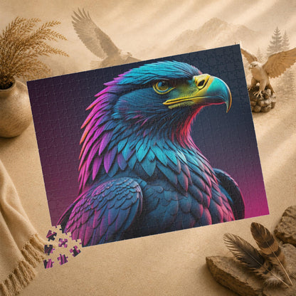 Eagle's Fortitude - Neon Eagle Portrait Puzzle with Teal and Pink-Purple Feathers on Dark Gradient