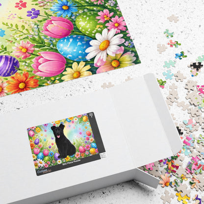 German Shepherd (Black) Easter Puppy Puzzle - Bold Spring Garden with Eggs and Blooms
