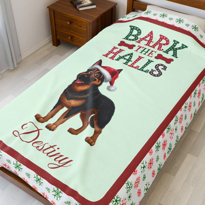 German Shepherd (Black & Rust) Plush Velveteen Blanket - Festive Bark The Halls dog throw, custom gift