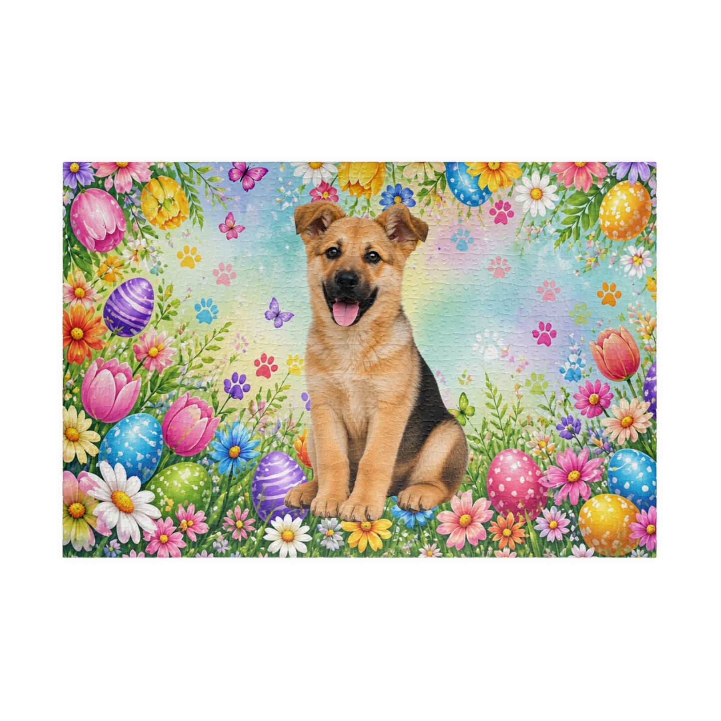 German Shepherd (Black & Tan) Easter Puppy Puzzle - Tulips, Easter Eggs, and Butterflies