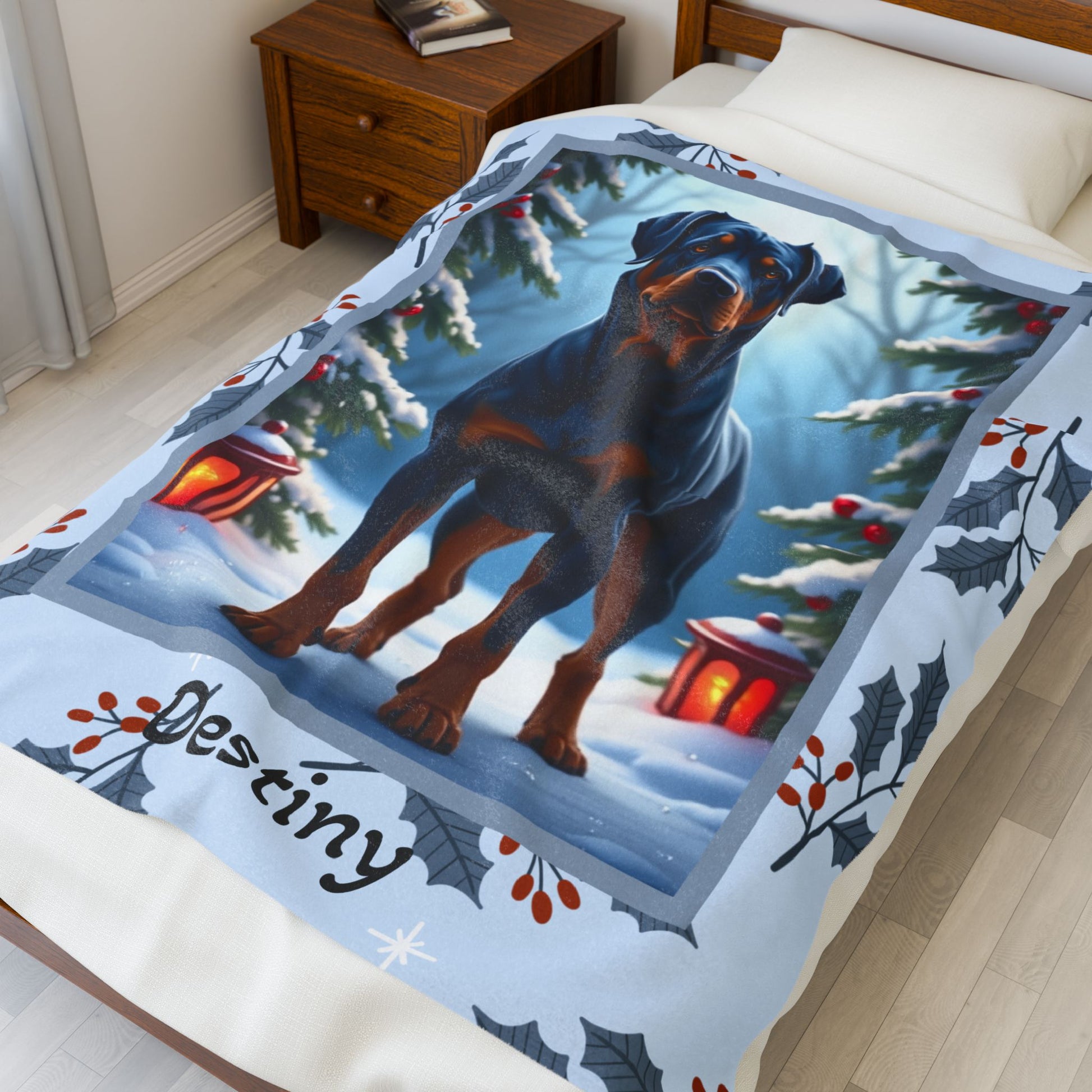 Rottweiler Blue custom winter blanket featuring a strong blue Rottweiler in a cozy lodge-style winter scene