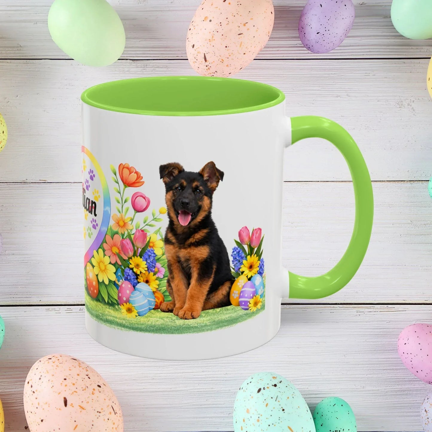 Shop our german shepherd black red puppy easter mug featuring the 11oz style option from MySisterIsASurvivor.