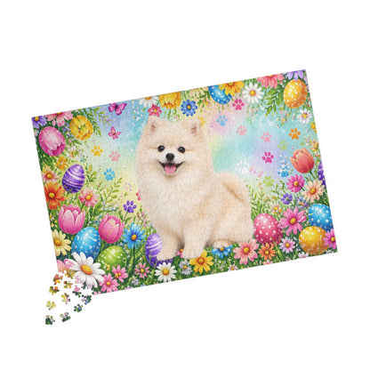 Pomeranian (Cream) Easter Puppy Puzzle - Spring Garden with Eggs, Tulips, and Daisies