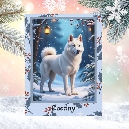 Husky White custom winter blanket showing a white Husky in a bright cheerful lodge winter illustration