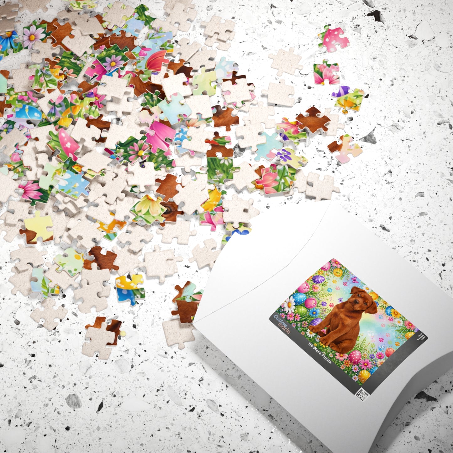 Rottweiler (Red) Easter Puppy Puzzle - Spring Garden with Eggs, Wildflowers, and Butterflies