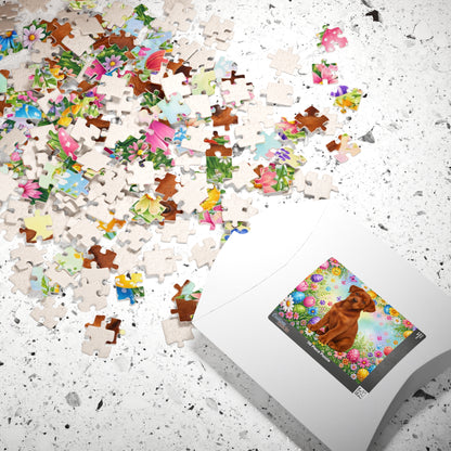 Rottweiler (Red) Easter Puppy Puzzle - Spring Garden with Eggs, Wildflowers, and Butterflies