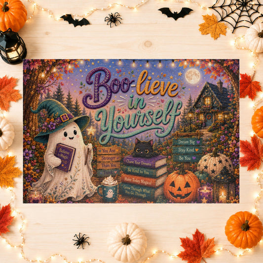 Boo-lieve in Yourself Halloween puzzle featuring ghost, black cat, affirmation books, and magical decor