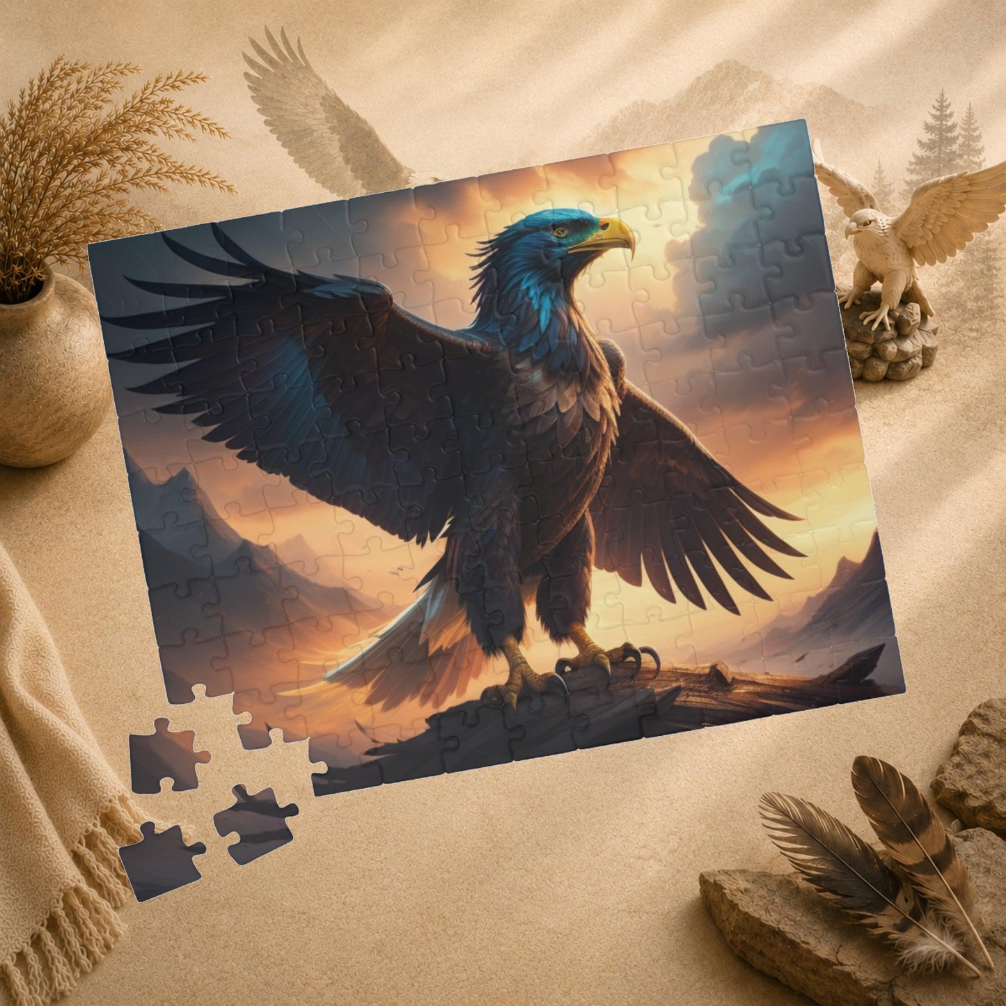 Wingspan of Strength - Full-Body Eagle Puzzle with Wings Spread Wide on Golden Stormy Sky Background