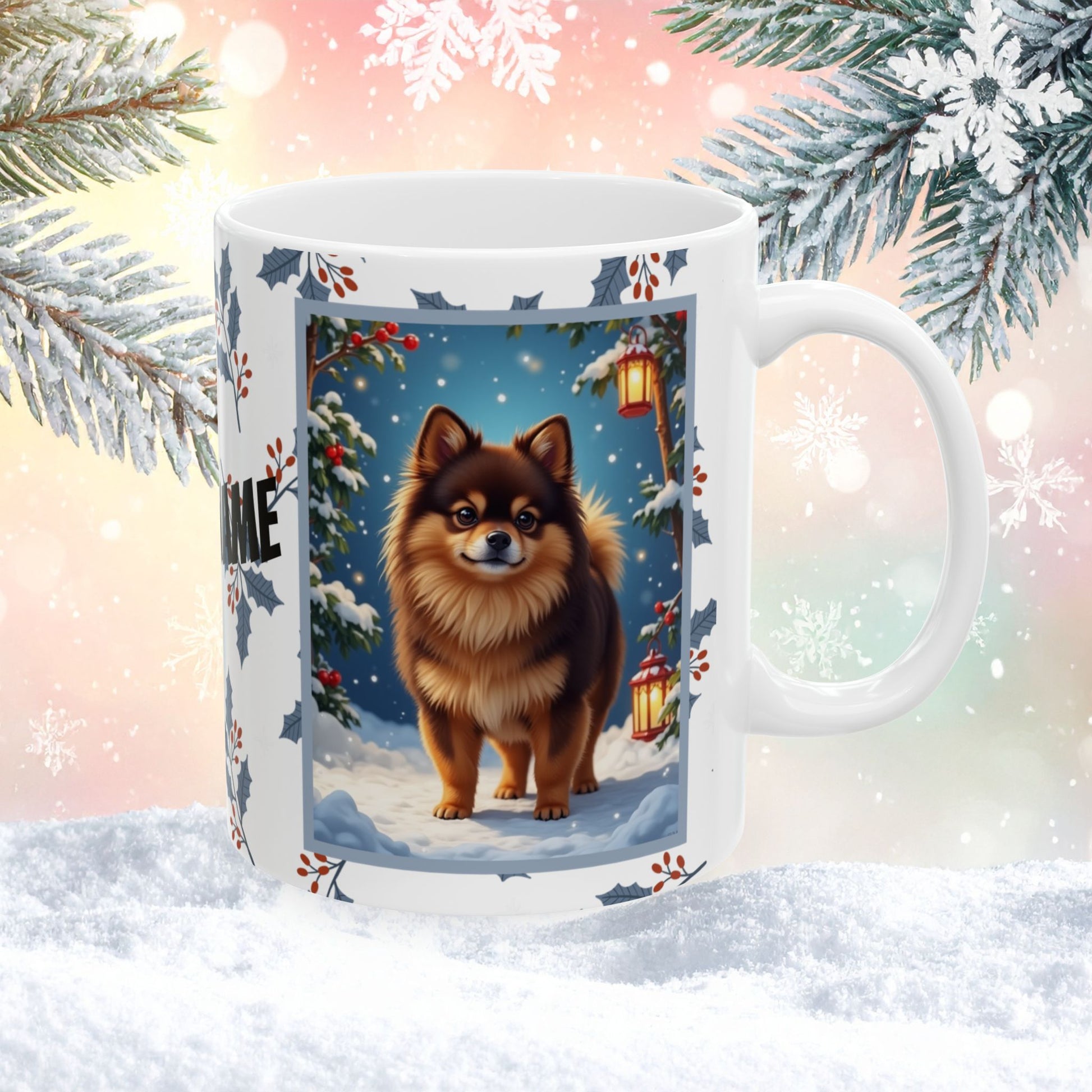 Pomeranian (Chocolate & Tan) Winter Mug - chocolate and tan pomeranian artwork standing in a winter setting