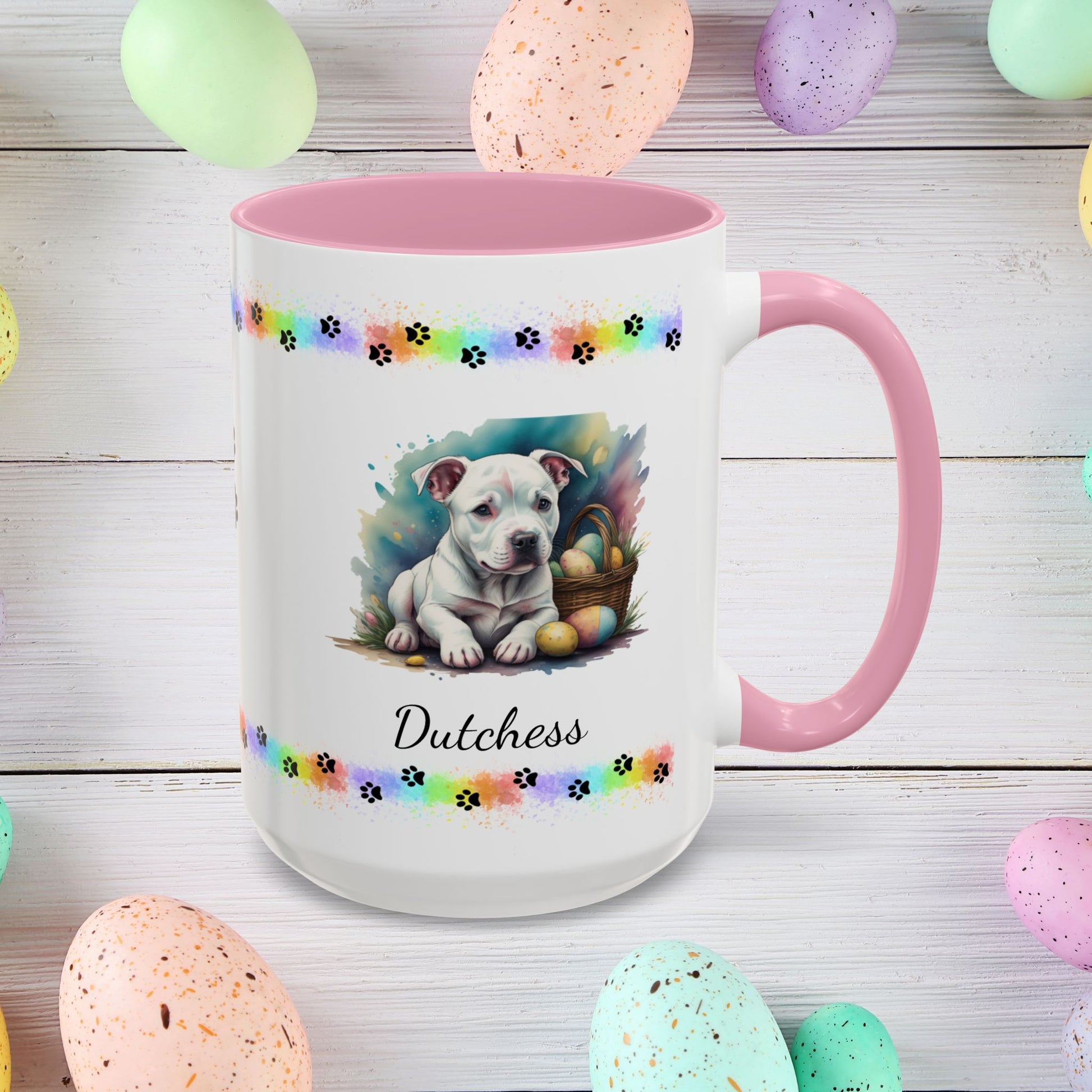 Pitbull (White): Personalized Easter Puppy Coffee Mug - Adorable Dog Design, Mental Health Gift, 11oz & 15oz, 12 Color Choices, Easter Gifts & Décor