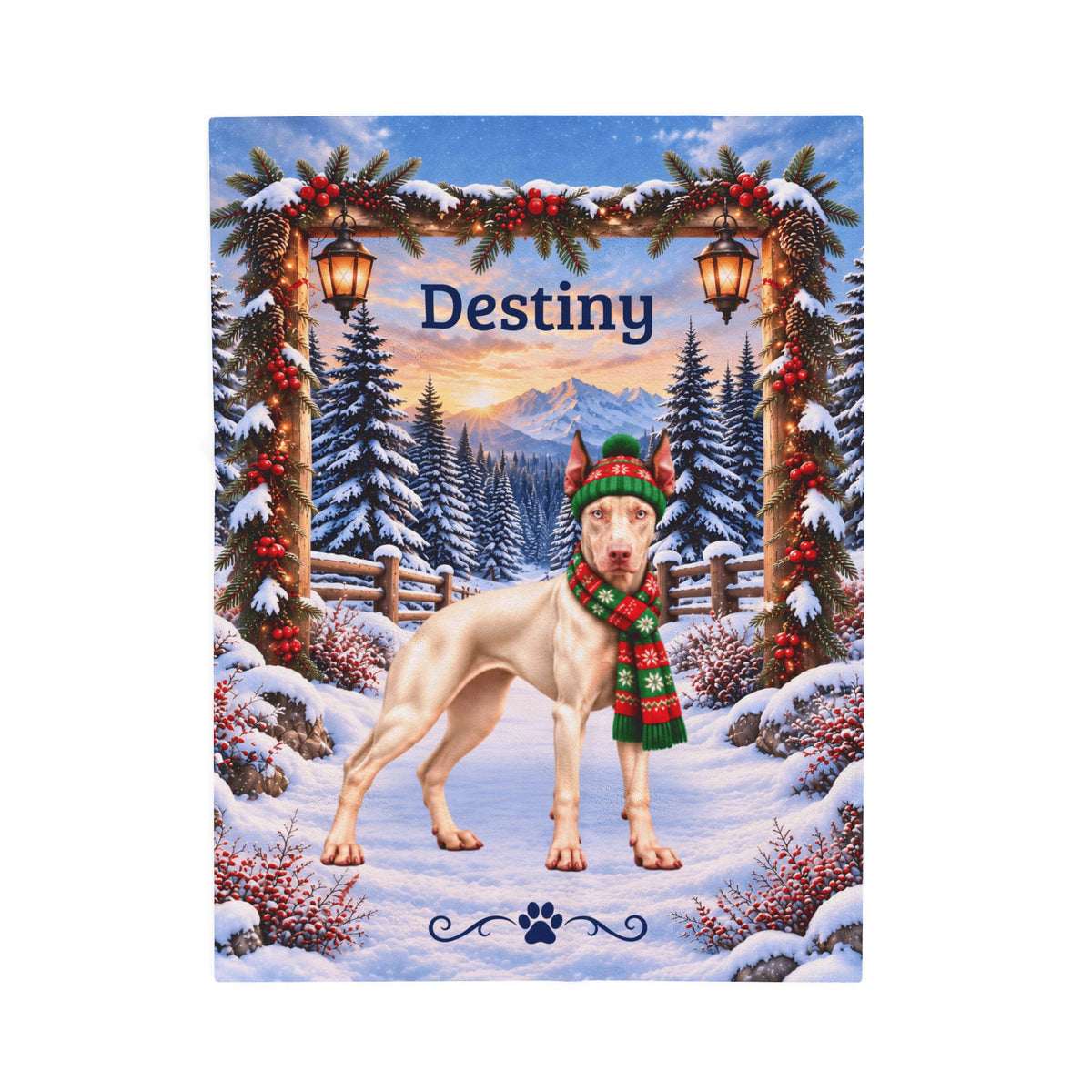 Doberman (White / Albino Coat) - Personalized Winter Blanket, Snowy Pine Velveteen Throw