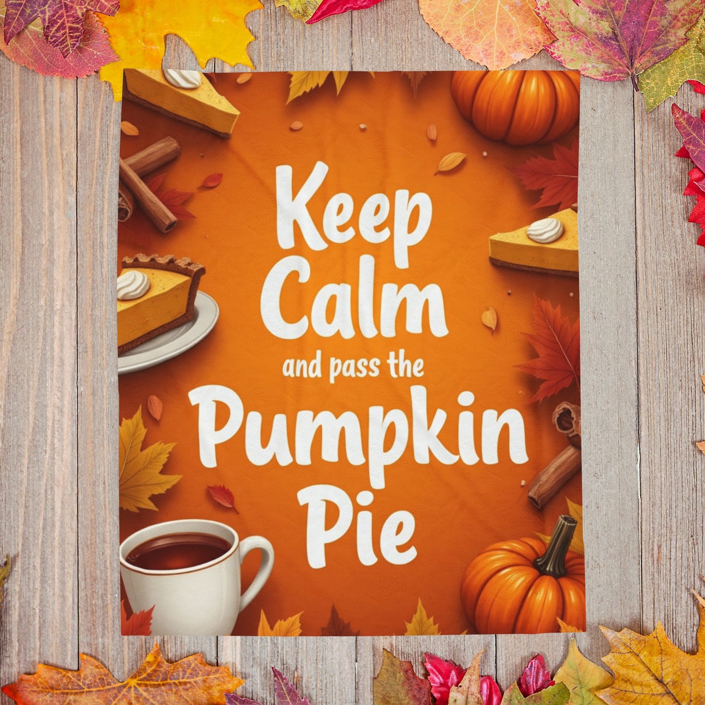 Funny Thanksgiving blanket with “Keep Calm and Pass the Pumpkin Pie,” cheerful fall colors and pie art.