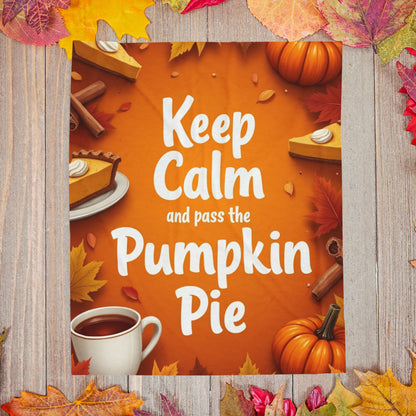 Funny Thanksgiving blanket with “Keep Calm and Pass the Pumpkin Pie,” cheerful fall colors and pie art.