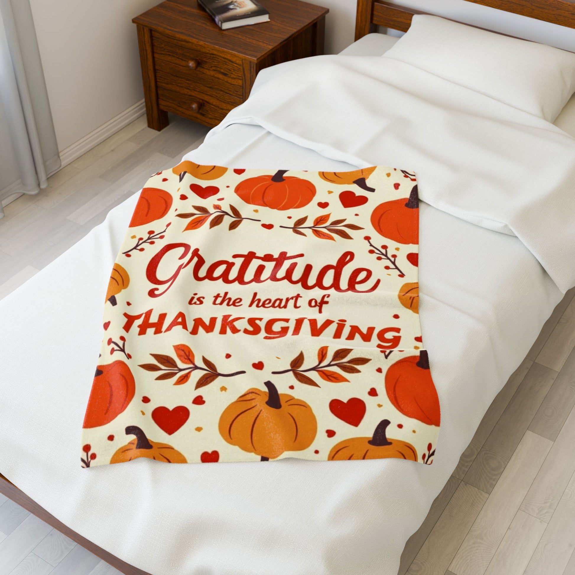 Thanksgiving blanket with “Gratitude Is the Heart of Thanksgiving,” cozy seasonal gratitude design.